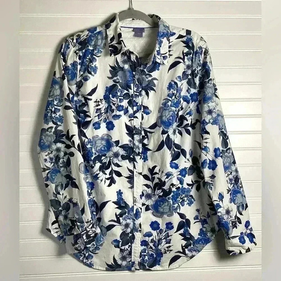 Laura Scott Women's Size L White/Blue Floral Button-Down Long Sleeves Shirt Top - Picture 1 of 10
